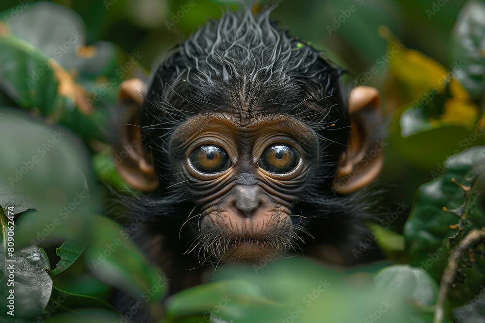Poster a close-up demonstrated distinct black and white fur patterns on a monkey's head
