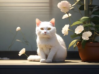 Cute white cat sitting on table with flower pot.