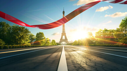Finish line ribbon above straight asphalt road with eiffel tower background. Olympics game concept.