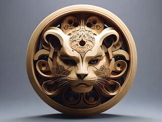 There is a carved cat head on a wooden plate