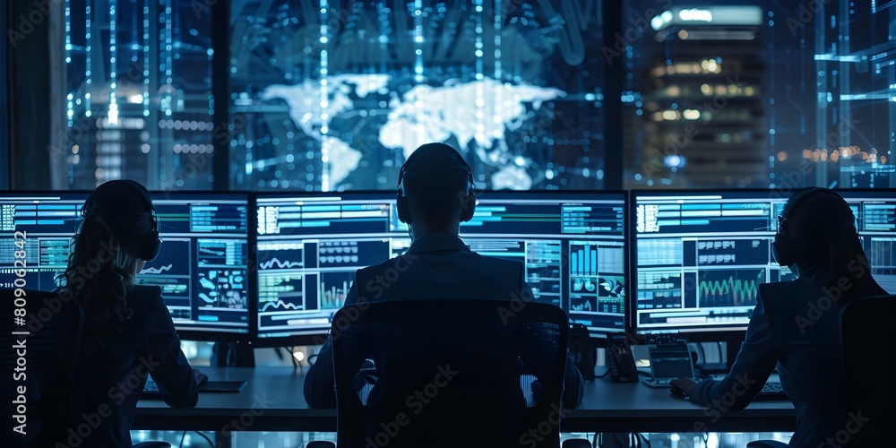 Poster cybersecurity team monitoring network for potential threats and safeguarding digital systems and dat