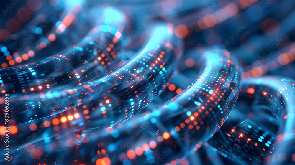 Poster showcasing advanced fiber optic cables with dynamic glowing light patterns, depicted in a detailed a
