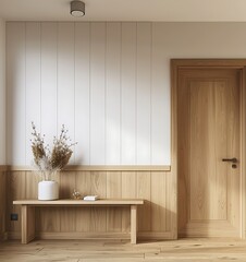 A wall with white vertical wooden panels, a wooden door on the right side