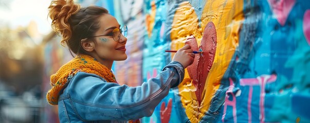 Young female street artist finishing a heart-shaped graffiti on a colorful wall.