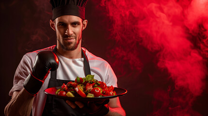 Confident caucasian male chef in black apron and boxing glove presenting a vibrant salad, concept of culinary competition and skill, dark background with red smoke