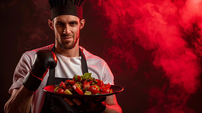 Confident caucasian male chef in black apron and boxing glove presenting a vibrant salad, concept of culinary competition and skill, dark background with red smoke