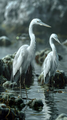 Photo realistic image of Herons wading in tidal pools, emphasizing their foraging skills and the rich food resources of the mangrove forests