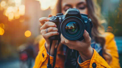 Female photographer capturing vibrant autumnal scenes with a DSLR camera, bokeh effect and golden hour lighting, related to World Photography Day