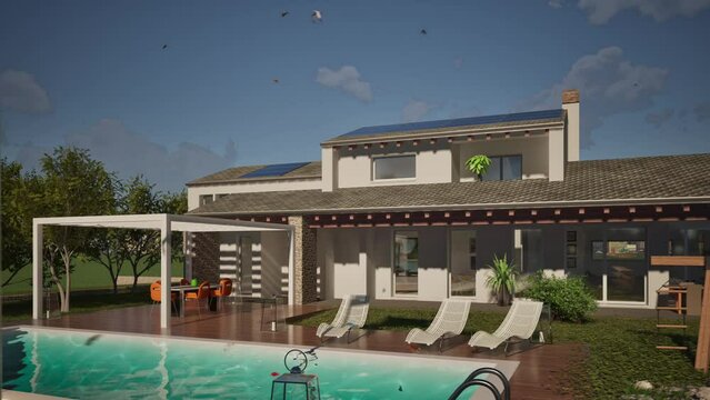 Modellazione 3D e video di edificio residenziale con piscina e bandiera Belgium al vento