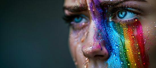 Close-up of a person with vibrant rainbow-colored face paint and tears, symbolizing LGBTQ pride and diversity concepts, suitable for Pride Month promotions