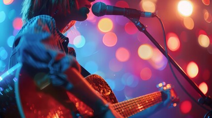 A woman playing guitar and singing into a microphone on stage with colorful lights in the background.