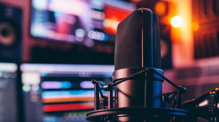 Professional condenser microphone with pop filter in a soundproof recording studio, related to podcasting, music production, and World Radio Day