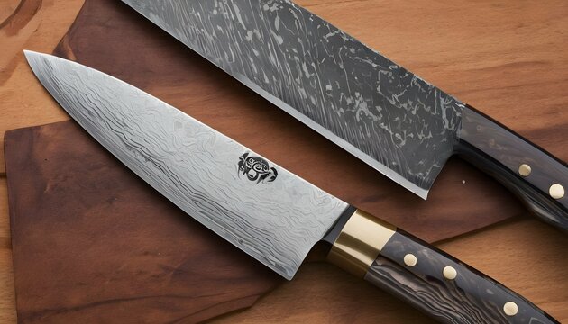 A kitchen chefs knife with a damascus steel blade
