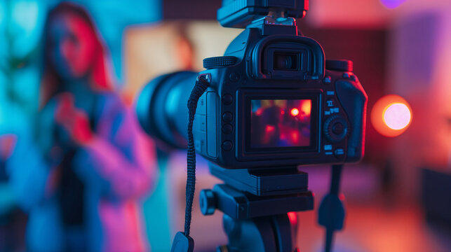 Professional DSLR camera on a tripod capturing a blurred woman in a vibrant neon-lit setting, suitable for photography workshops and World Photography Day themes
