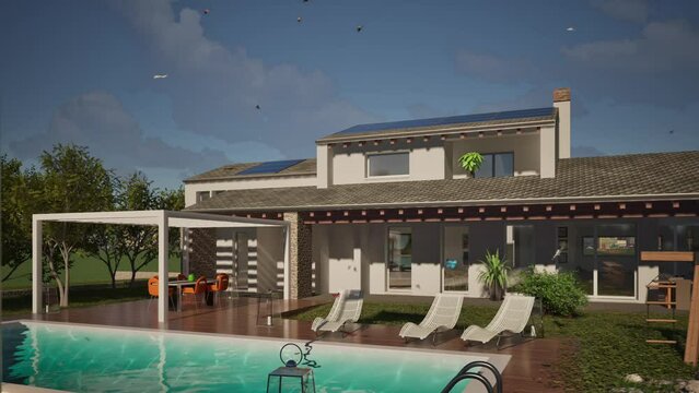 Modellazione 3D e video di edificio residenziale con piscina e bandiera Austria al vento