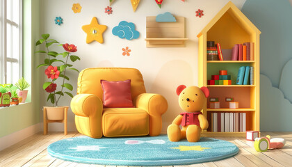 The room is filled with toys and stuffed animals, giving it a playful by AI generated image