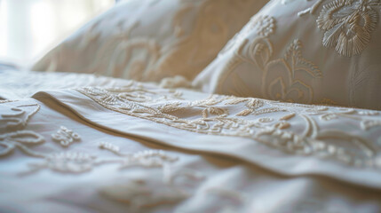 Elegant white embroidered bed linen with delicate patterns, suitable for wedding registries and luxury home decor themes