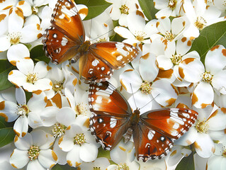 orange butterfly on white flowers in the sunlight.
