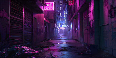 City alleyway with neon lights. Night view of a quiet street.