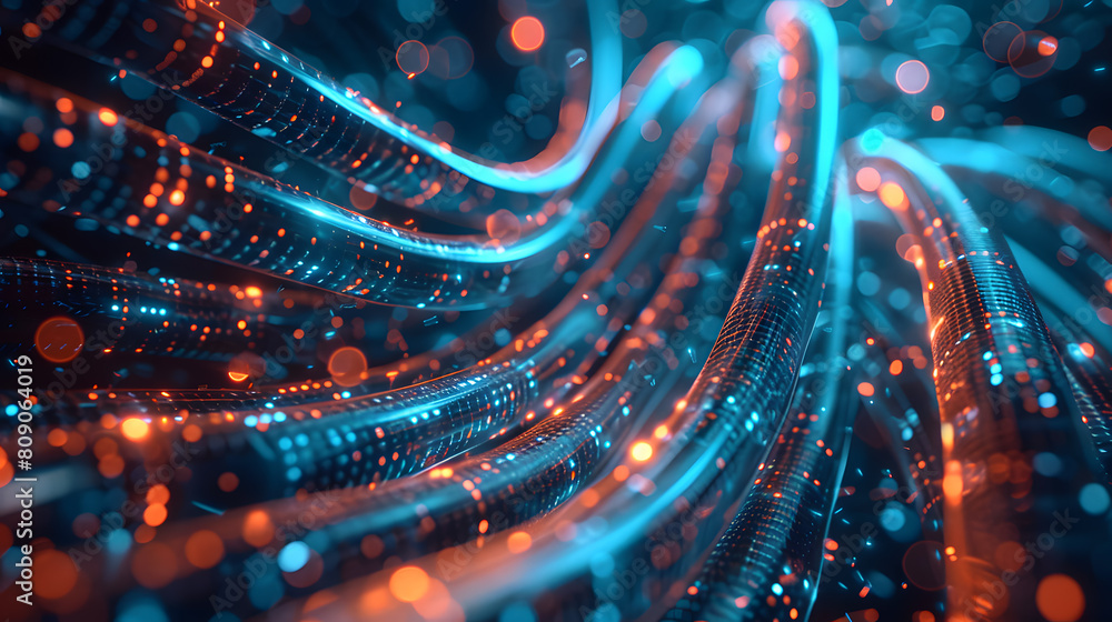 Poster showcasing advanced fiber optic cables with dynamic glowing light patterns, depicted in a detailed a
