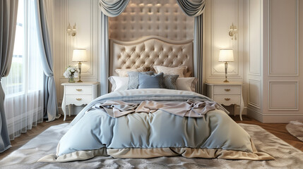 Elegant luxury bedroom interior with tufted headboard and classic decor, ideal for home design concepts and hospitality-themed projects