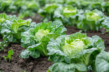 Fresh green cabbage heads growing in a garden, symbolizing organic farming and healthy eating, perfect for World Food Day and Vegetarian Awareness Month