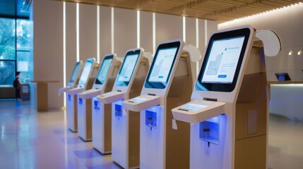 A row of modern electronic kiosks standing in an office lobby, ready for use by customers or visitors.