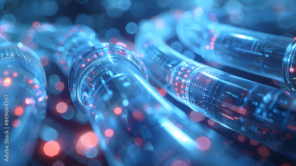 Poster showcasing advanced fiber optic cables with dynamic glowing light patterns, depicted in a detailed a