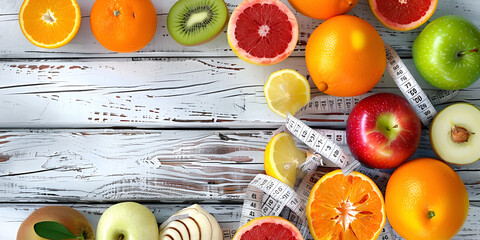 fruits and meter Flat lay top view of colorful variety of fresh citrus fruits half cut background.

 
