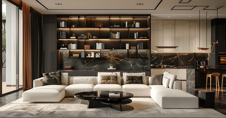 modern living room with white and black furniture, double height space