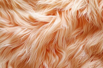 Orange fur background. Surface wool texture. Copy space for text. Closeup of textured coral furry coat. Abstract pattern. Animal hair wallpaper. Shiny faux fluffy backdrop. Furry ground. Sheepskin rug