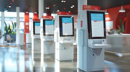 A linear arrangement of electronic kiosks inside a commercial building, displaying information and providing services to customers.
