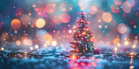 Winter Christmas trees and pine trees in bright decorative lights of garlands and bokeh New Year background Festive seasonal Christmas bright background. Holiday poster and banner.