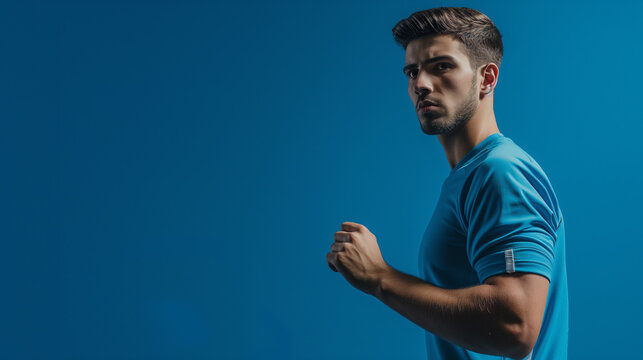 Determined Athlete in a Dynamic Pose on Blue Background. Generative AI