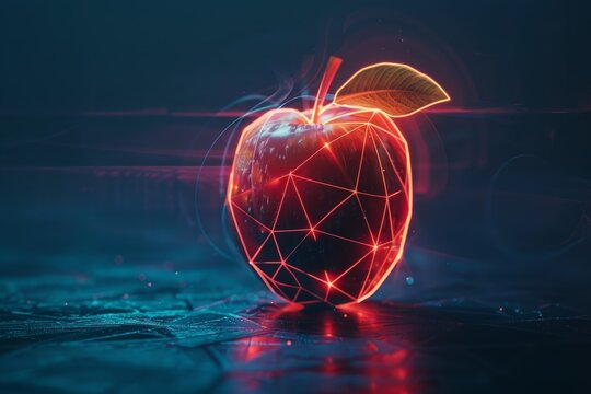 digital apple of glowing 3D triangular polygons