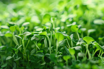 Fototapeta premium Lush green microgreens sprouting in soft focus, symbolizing growth and health, ideal for springtime and Earth Day concepts