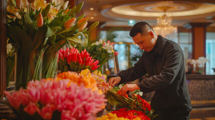 Asian florist arranging colorful bouquets in a luxury interior, concept image for events and celebrations, particularly suited for Mother's Day and Spring Festivals