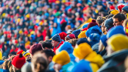 Crowd of diverse spectators wearing colorful winter hats at an outdoor sporting event, capturing the spirit of teamwork and winter sports