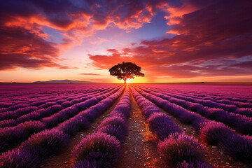 Lavender field with a single tree at sunset