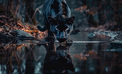 A black panther with its reflection in the water, standing on two legs and looking at me from...