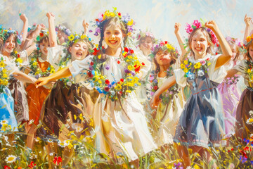 Blooming Companions: A Group of Girls Frolicking in a Meadow of Wildflowers