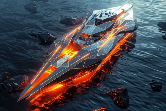 digital ship made of glowing 3d triangular polygons