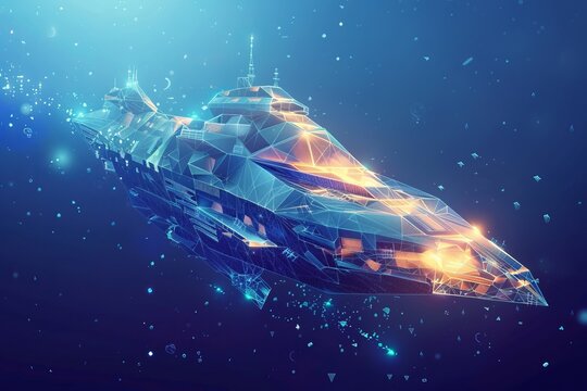 digital ship made of glowing 3d triangular polygons