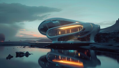 Fototapeta premium futuristic smart house on glossy reflective water surface