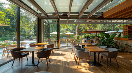 Fototapeta premium A bright, contemporary cafe with glass walls overlooking a garden, where patrons sit and enjoy their time