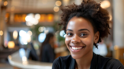 Happy African American woman smiling in a cafe setting, conceptually suitable for lifestyle blogs, International Day of Happiness, and National Smile Month