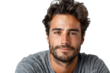 Portrait of handsome brunette man on isolated transparent background
