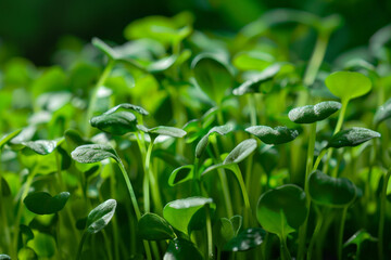 Fototapeta premium Lush green microgreens growth close-up, symbolizing springtime and sustainability, ideal for Earth Day or World Environment Day themes