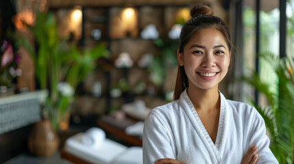 Cheerful Asian woman in a white robe smiling confidently at a luxurious spa, embodying wellness and self-care during Global Wellness Day