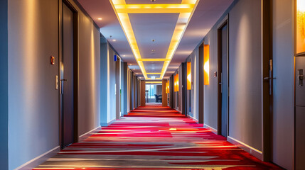 Modern hotel corridor with vibrant carpet and illuminated ceiling, concept of travel, business trips, and accommodations